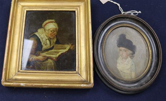 English School circa 1800, oil on zinc, miniature of Elizabeth Waget (wife of Rev. John Capern) 15 x 12cm and a reverse painted print.